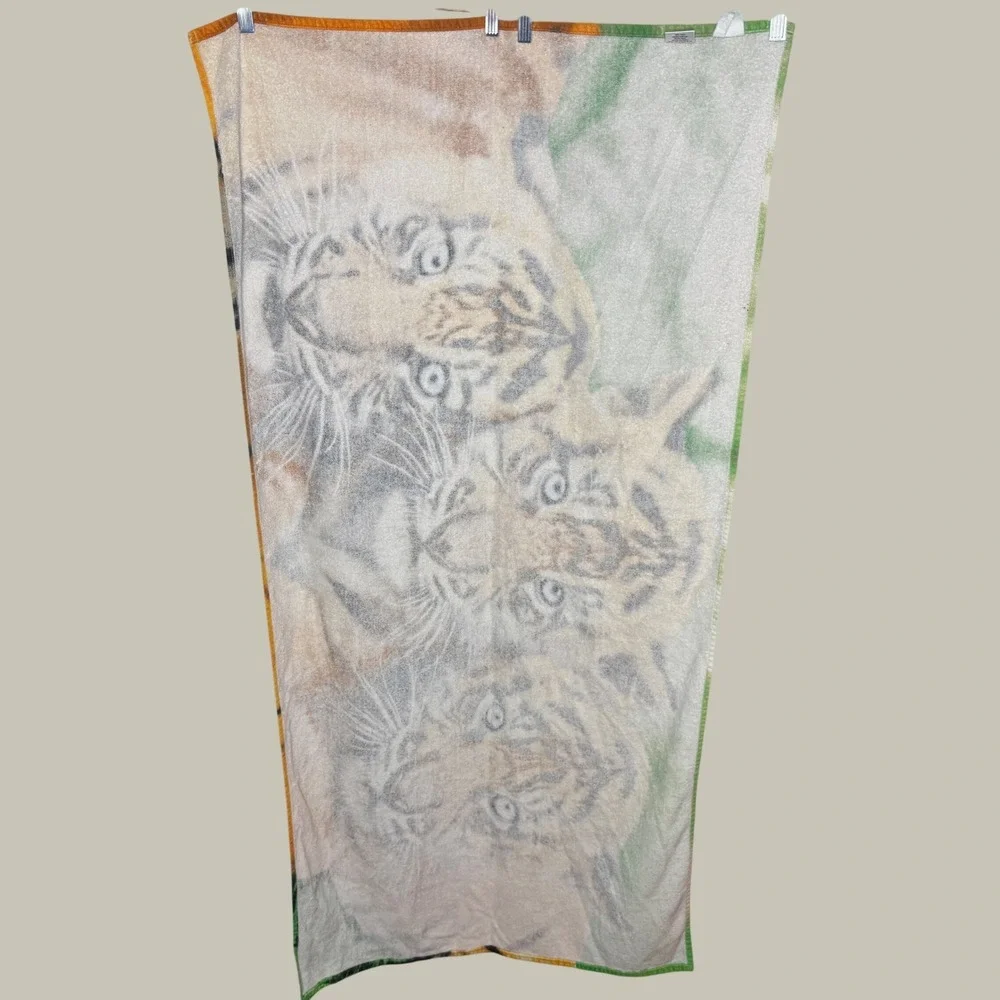 Tiger Cubs Beach Towel Blue Eyed Wildlife Graphic Print Orange Green Soft Large